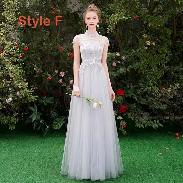 Chic / Beautiful Grey Bridesmaid Dresses 2019 A-Line / Princess Appliques Lace Floor-Length / Long Ruffle Backless Wedding Party Dresses