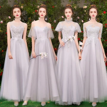 Chic Beautiful Affordable Grey Bridesmaid Dresses 2019 A Line Princess Appliques Lace Floor Length Long Backless Wedding Party Dresses