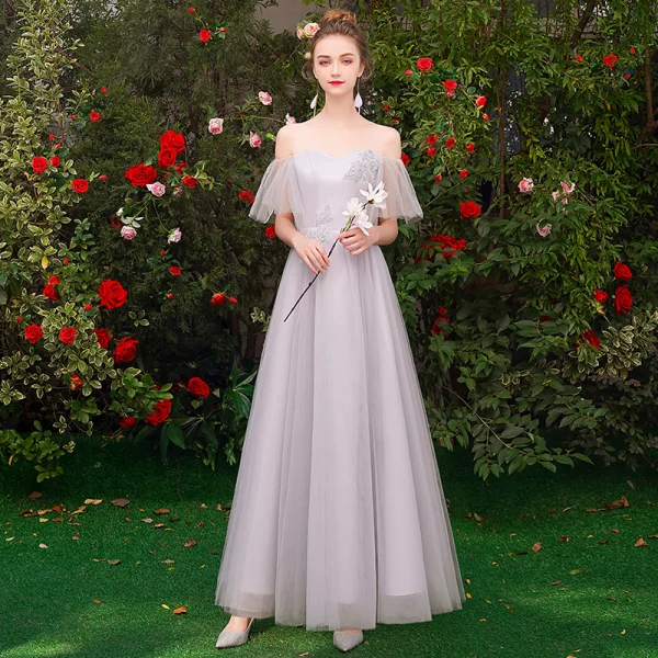 Chic / Beautiful Affordable Grey Bridesmaid Dresses 2019 A-Line / Princess Appliques Lace Floor-Length / Long Backless Wedding Party Dresses Chic / Beautiful Affordable Grey Bridesmaid Dresses 2019 A-Line / Princess Appliques Lace Floor-Length / Long Backless Wedding Party Dresses
