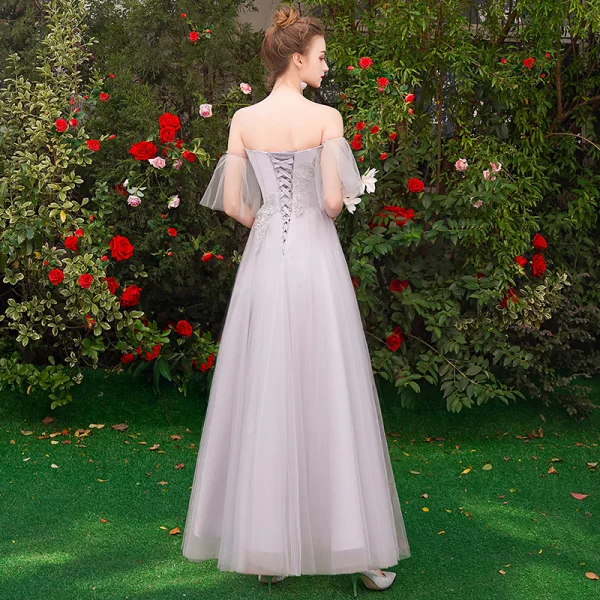 Chic / Beautiful Affordable Grey Bridesmaid Dresses 2019 A-Line / Princess Appliques Lace Floor-Length / Long Backless Wedding Party Dresses
