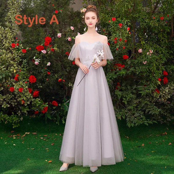 Chic / Beautiful Affordable Grey Bridesmaid Dresses 2019 A-Line / Princess Appliques Lace Floor-Length / Long Backless Wedding Party Dresses Chic / Beautiful Affordable Grey Bridesmaid Dresses 2019 A-Line / Princess Appliques Lace Floor-Length / Long Backless Wedding Party Dresses