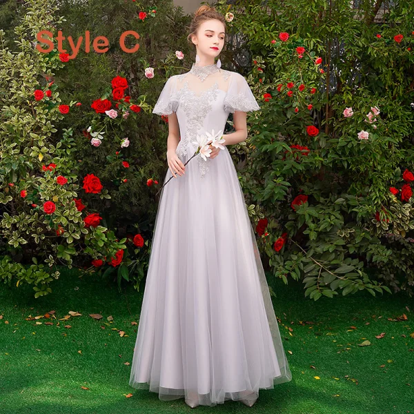 Chic / Beautiful Affordable Grey Bridesmaid Dresses 2019 A-Line / Princess Appliques Lace Floor-Length / Long Backless Wedding Party Dresses Chic / Beautiful Affordable Grey Bridesmaid Dresses 2019 A-Line / Princess Appliques Lace Floor-Length / Long Backless Wedding Party Dresses