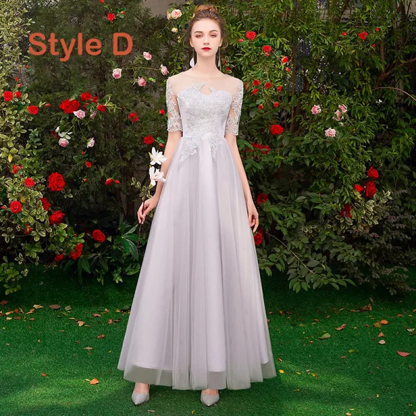 Chic / Beautiful Affordable Grey Bridesmaid Dresses 2019 A-Line / Princess Appliques Lace Floor-Length / Long Backless Wedding Party Dresses