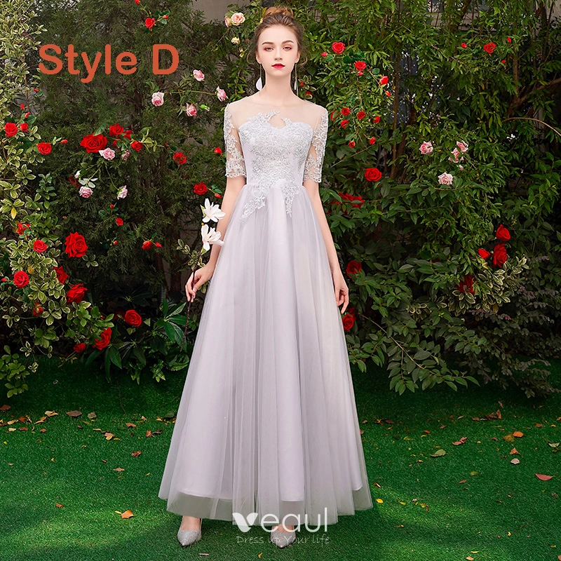 Chic / Beautiful Affordable Grey Bridesmaid Dresses 2019 A-Line / Princess Appliques Lace Floor-Length / Long Backless Wedding Party Dresses