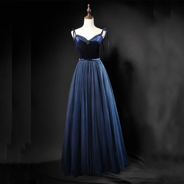 Modern / Fashion Navy Blue Prom Dresses 2018 A-Line / Princess Spaghetti Straps Sleeveless Sash Beading Floor- Modern / Fashion Navy Blue Prom Dresses 2018 A-Line / Princess Spaghetti Straps Sleeveless Sash Beading Floor-