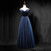 Moda Marino Oscuro Vestidos de gala 2018 A-Line / Princess Spaghetti Straps Sin Mangas Cinturón Rebordear Largos Ruffle Sin Espalda Vestidos Formales