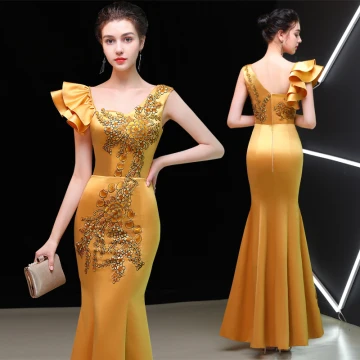 Style Chinois Doré Robe De Soirée 2019 Trompette Sirène Encolure Carrée Sans Manches Brodé Fleur Longue Volants Dos Nu Robe De Ceremonie