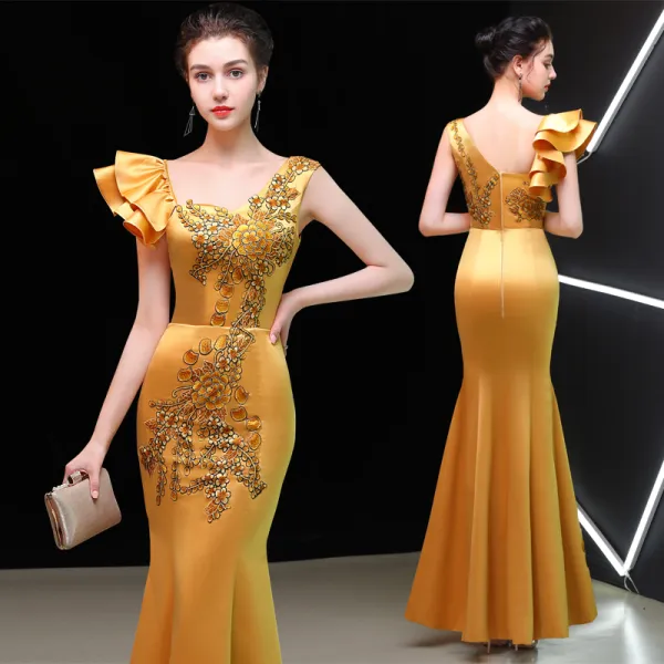 Chinese style Gold Evening Dresses  2019 Trumpet / Mermaid Square Neckline Sleeveless Embroidered Flower Floor-Length / Long Ruffle Backless Formal Dresses