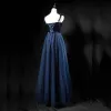 Modern / Fashion Navy Blue Prom Dresses 2018 A-Line / Princess Spaghetti Straps Sleeveless Sash Beading Floor-Length / Long Ruffle Backless Formal Dresses