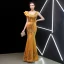 Chinese style Gold Evening Dresses  2019 Trumpet / Mermaid Square Neckline Sleeveless Embroidered Flower Floor-Length / Long Ruffle Backless Formal Dresses