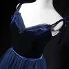 Modern / Fashion Navy Blue Prom Dresses 2018 A-Line / Princess Spaghetti Straps Sleeveless Sash Beading Floor-Length / Long Ruffle Backless Formal Dresses