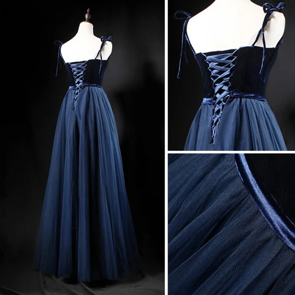 Modern / Fashion Navy Blue Prom Dresses 2018 A-Line / Princess Spaghetti Straps Sleeveless Sash Beading Floor-Length / Long Ruffle Backless Formal Dresses