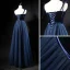 Modern / Fashion Navy Blue Prom Dresses 2018 A-Line / Princess Spaghetti Straps Sleeveless Sash Beading Floor-Length / Long Ruffle Backless Formal Dresses