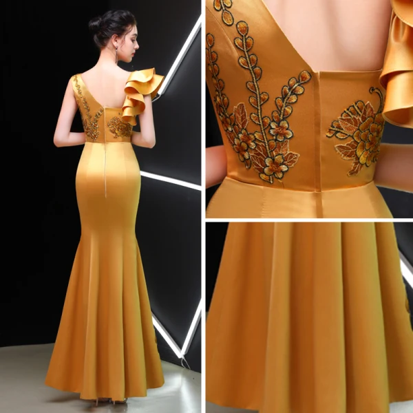 Chinese style Gold Evening Dresses  2019 Trumpet / Mermaid Square Neckline Sleeveless Embroidered Flower Floor-Length / Long Ruffle Backless Formal Dresses