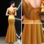 Chinese style Gold Evening Dresses  2019 Trumpet / Mermaid Square Neckline Sleeveless Embroidered Flower Floor-Length / Long Ruffle Backless Formal Dresses