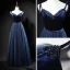 Modern / Fashion Navy Blue Prom Dresses 2018 A-Line / Princess Spaghetti Straps Sleeveless Sash Beading Floor-Length / Long Ruffle Backless Formal Dresses