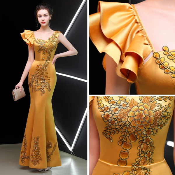Chinese style Gold Evening Dresses  2019 Trumpet / Mermaid Square Neckline Sleeveless Embroidered Flower Floor-Length / Long Ruffle Backless Formal Dresses