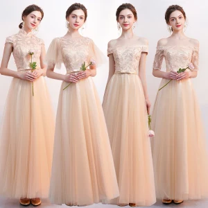 Affordable Champagne Bridesmaid Dresses 2019 A Line Princess Appliques Lace Bow Sash Floor Length Long Backless Wedding Party Dresses