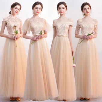 Affordable Champagne Bridesmaid Dresses 2019 A Line Princess Appliques Lace Bow Sash Floor Length Long Backless Wedding Party Dresses