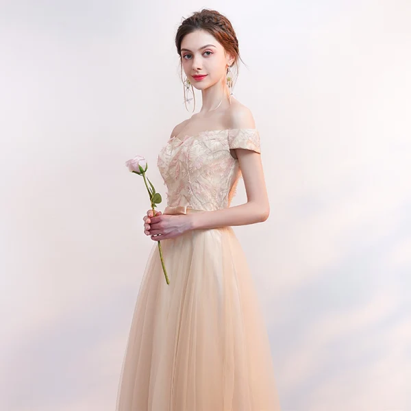 Affordable Champagne Bridesmaid Dresses 2019 A-Line / Princess Appliques Lace Bow Sash Floor-Length / Long Backless Wedding Party Dresses