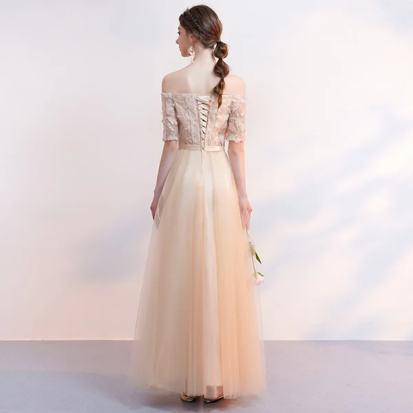 Affordable Champagne Bridesmaid Dresses 2019 A-Line / Princess Appliques Lace Bow Sash Floor-Length / Long Backless Wedding Party Dresses