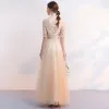 Affordable Champagne Bridesmaid Dresses 2019 A-Line / Princess Appliques Lace Bow Sash Floor-Length / Long Backless Wedding Party Dresses