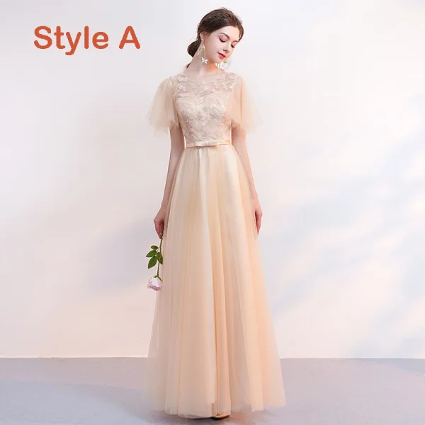 Affordable Champagne Bridesmaid Dresses 2019 A-Line / Princess Appliques Lace Bow Sash Floor-Length / Long Backless Wedding Party Dresses