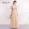 Affordable Champagne Bridesmaid Dresses 2019 A-Line / Princess Appliques Lace Bow Sash Floor-Length / Long Backless Wedding Party Dresses