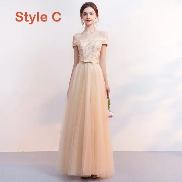 Affordable Champagne Bridesmaid Dresses 2019 A-Line / Princess Appliques Lace Bow Sash Floor-Length / Long Backless Wedding Party Dresses
