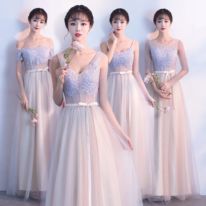 Elegant Champagne Brudepikekjoler 2019 Prinsesse Appliques Blonder Sash Lange Ryggløse Kjoler Til Bryllup