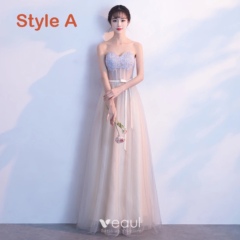 Elegant Champagne Bridesmaid Dresses 2019 A Line Princess Appliques Lace  Sash Floor Length Long Backless Wedding Party Dresses