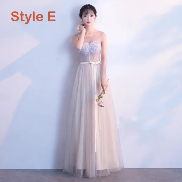 Elegant Champagne Bridesmaid Dresses 2019 A-Line / Princess Appliques Lace Sash Floor-Length / Long Backless Wedding Party Dresses