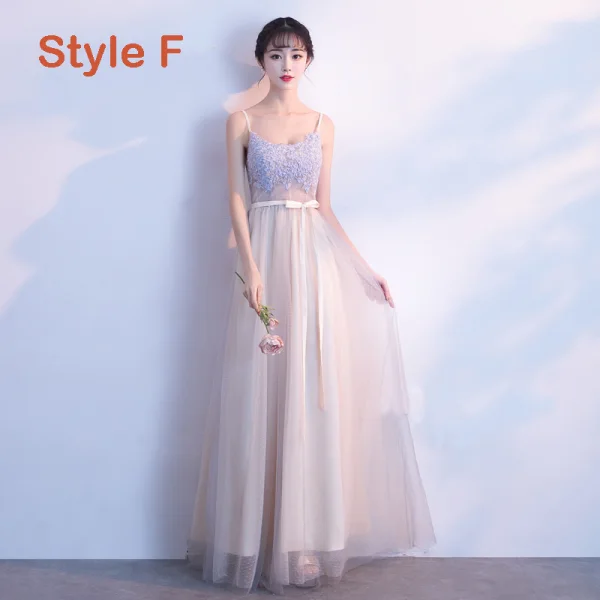 Elegant Champagne Bridesmaid Dresses 2019 A-Line / Princess Appliques Lace Sash Floor-Length / Long Backless Wedding Party Dresses