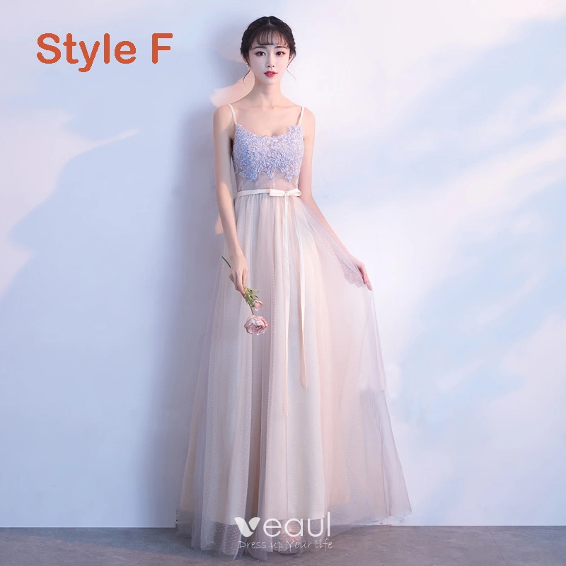 Elegant Champagne Bridesmaid Dresses 2019 A Line Princess Appliques Lace  Sash Floor Length Long Backless Wedding Party Dresses