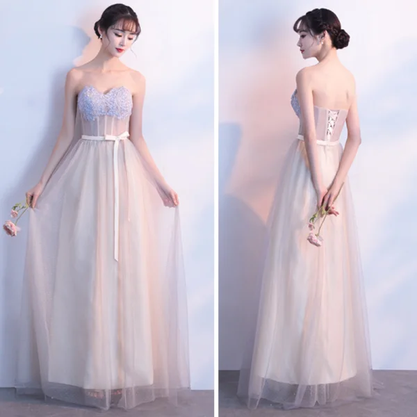 Elegant Champagne Bridesmaid Dresses 2019 A-Line / Princess Appliques Lace Sash Floor-Length / Long Backless Wedding Party Dresses
