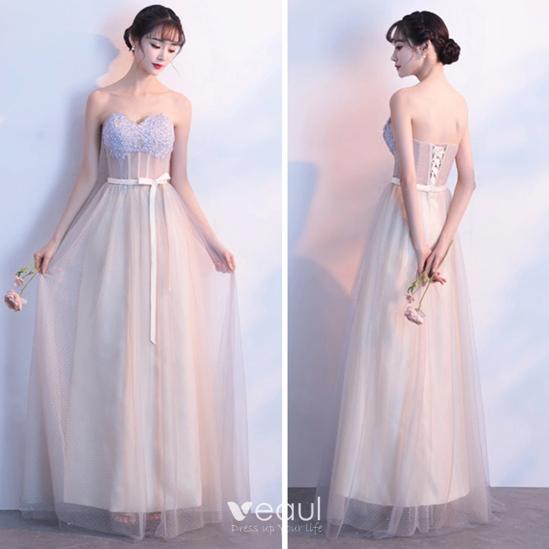 Elegant Champagne Bridesmaid Dresses 2019 A Line Princess Appliques Lace Sash Floor Length Long Backless Wedding Party Dresses Elegant Champagne Bridesmaid Dresses 2019 A Line Princess Appliques Lace Sash Floor Length Long Backless Wedding Party Dresses
