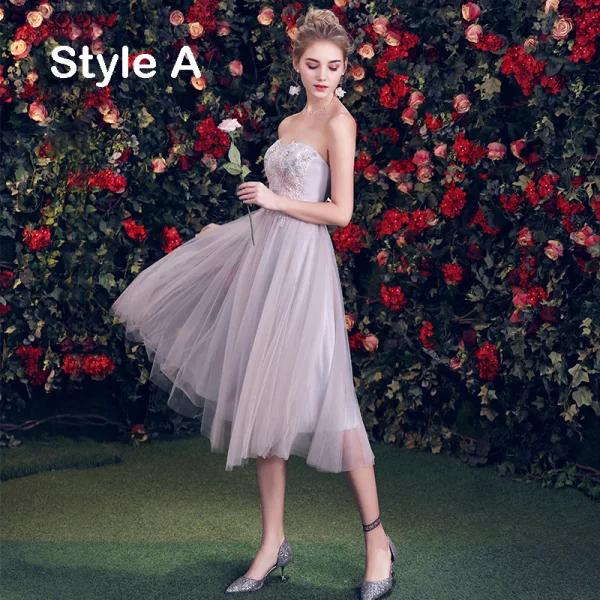 Elegant Grey Bridesmaid Dresses 2019 A-Line / Princess Appliques Lace Short Ruffle Backless Wedding Party Dresses Elegant Grey Bridesmaid Dresses 2019 A-Line / Princess Appliques Lace Short Ruffle Backless Wedding Party Dresses