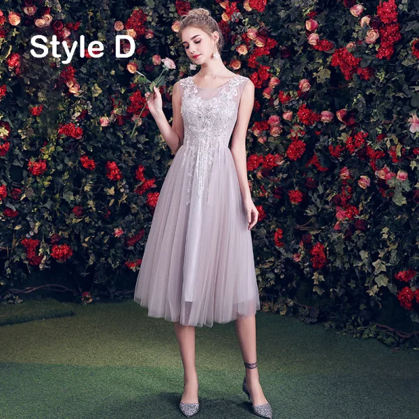 Elegant Grey Bridesmaid Dresses 2019 A-Line / Princess Appliques Lace Short Ruffle Backless Wedding Party Dresses Elegant Grey Bridesmaid Dresses 2019 A-Line / Princess Appliques Lace Short Ruffle Backless Wedding Party Dresses