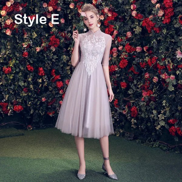 Elegant Grey Bridesmaid Dresses 2019 A-Line / Princess Appliques Lace Short Ruffle Backless Wedding Party Dresses