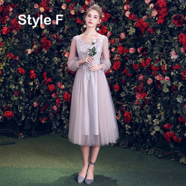 red and gray bridesmaid dresses Silver Chiffon A-line Lace Appliqued Bridesmaid Dresses With Slit, MBD246 main image 0