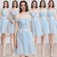 Affordable Sky Blue Bridesmaid Dresses 2019 A-Line / Princess Appliques Lace Flower Short Ruffle Backless Wedding Party Dresses