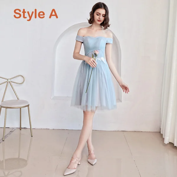 Affordable Sky Blue Bridesmaid Dresses 2019 A-Line / Princess Appliques Lace Flower Short Ruffle Backless Wedding Party Dresses