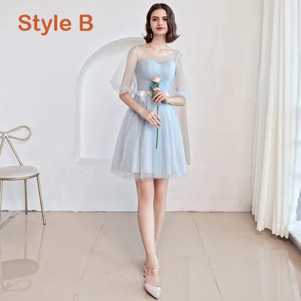 Affordable Sky Blue Bridesmaid Dresses 2019 A-Line / Princess Appliques Lace Flower Short Ruffle Backless Wedding Party Dresses