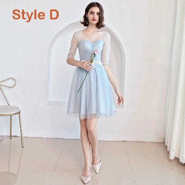 Affordable Sky Blue Bridesmaid Dresses 2019 A-Line / Princess Appliques Lace Flower Short Ruffle Backless Wedding Party Dresses