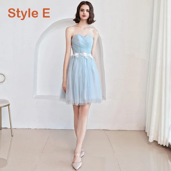 Affordable Sky Blue Bridesmaid Dresses 2019 A-Line / Princess Appliques Lace Flower Short Ruffle Backless Wedding Party Dresses