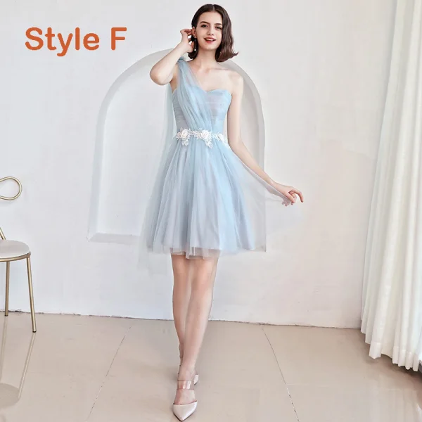 Affordable Sky Blue Bridesmaid Dresses 2019 A-Line / Princess Appliques Lace Flower Short Ruffle Backless Wedding Party Dresses