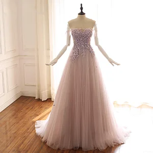 Classy Pearl Pink Prom Dresses 2019 A Line Princess Off The Shoulder Short Sleeve Appliques Lace Beading Sweep Train Ruffle Backless Formal Dresses