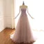 Edles Pearl Rosa Ballkleider 2019 A Linie Off Shoulder Kurze Ärmel Applikationen Spitze Perlenstickerei Sweep / Pinsel Zug Rüschen Rückenfreies Festliche Kleider