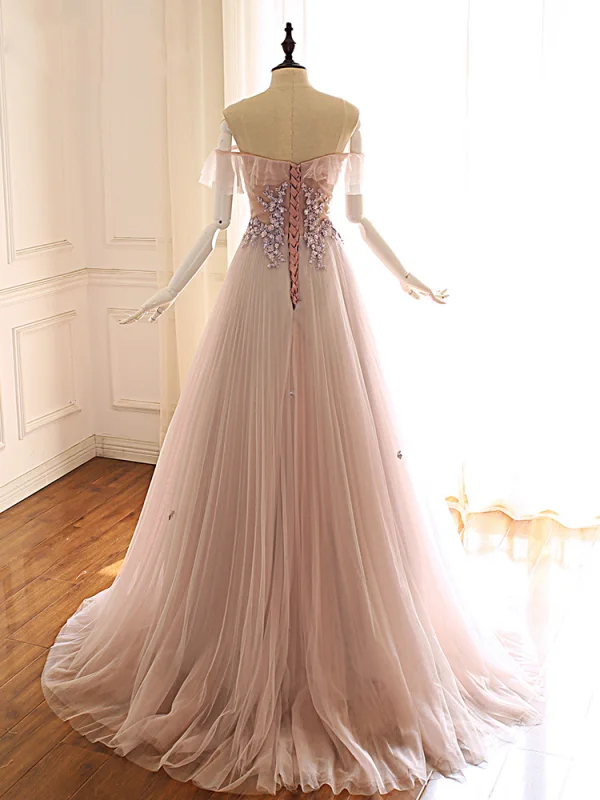 Edles Pearl Rosa Ballkleider 2019 A Linie Off Shoulder Kurze Ärmel Applikationen Spitze Perlenstickerei Sweep / Pinsel Zug Rüschen Rückenfreies Festliche Kleider