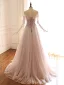 Edles Pearl Rosa Ballkleider 2019 A Linie Off Shoulder Kurze Ärmel Applikationen Spitze Perlenstickerei Sweep / Pinsel Zug Rüschen Rückenfreies Festliche Kleider